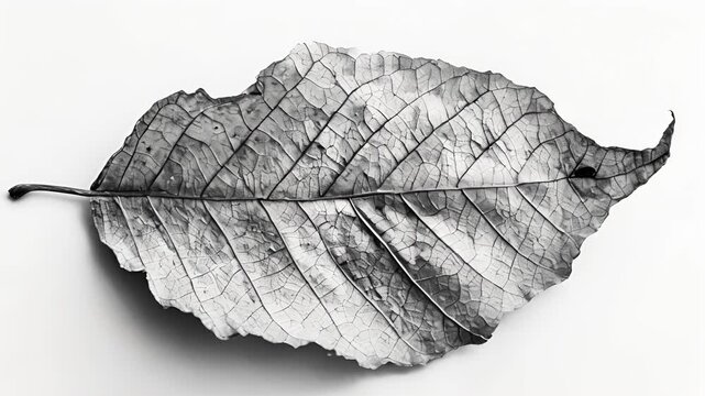 A dried crumbled leaf is transformed into a work of art with its unique textures and patterns captured in black and white. Black and white art