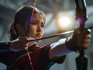 A modern archer aims bow with precision, the spotlight highlighting focused expression. The equipment reflect sophistication of contemporary archery.