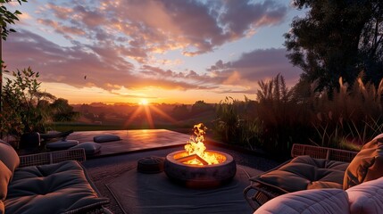 A cozy terrace lounge with a fire pit, plush seats, and a view of the sunset over a tranquil countryside.