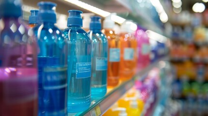 Blue Liquid Soap Bottles on a Shelf in a Supermarket.