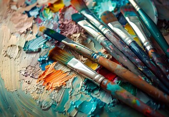 Obraz premium Artist's Palette with Paintbrushes and Vibrant Colors