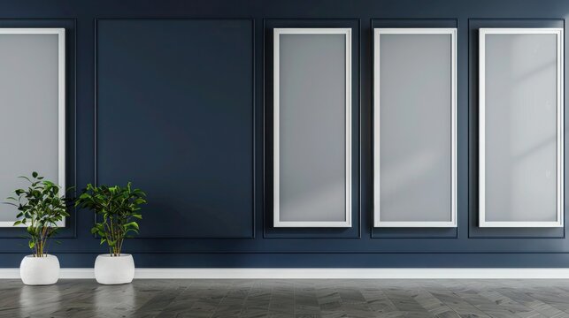 Modern art gallery mockup featuring five white frames on a dark blue wall.