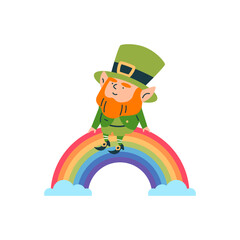 Vector illustration of a joyful leprechaun sitting on a rainbow in a green suit