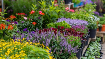 Colorful Flowers In Pots At Garden Center.