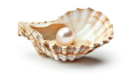 Open seashell with a beautiful pearl inside isolated on white background