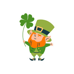 Cute leprechaun holding clover leaf, cartoon lucky elf dwarf bearded small man, vector St. Patrick's day Irish gnome