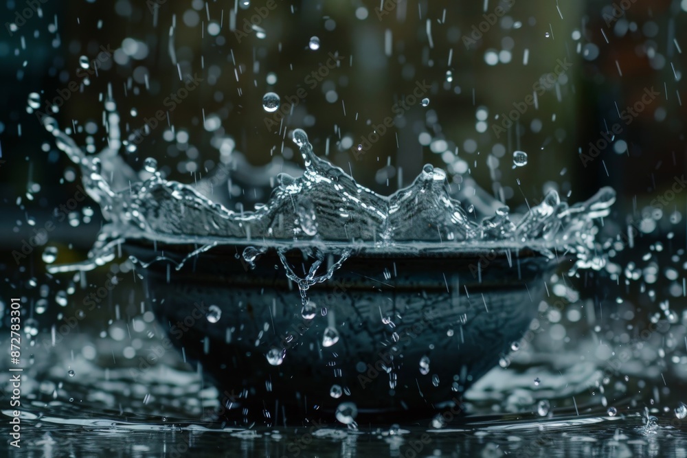 Aufkleber The image captures the moment when water splashes into a bowl, creating a burst of droplets, emphasizing the dynamic movement and fluidity of water caught in mid-action.