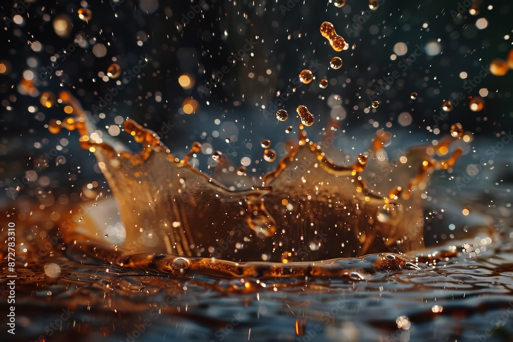 Poster a close-up shot of a dramatic liquid splash with dynamic droplets captured mid-air, showcasing the i