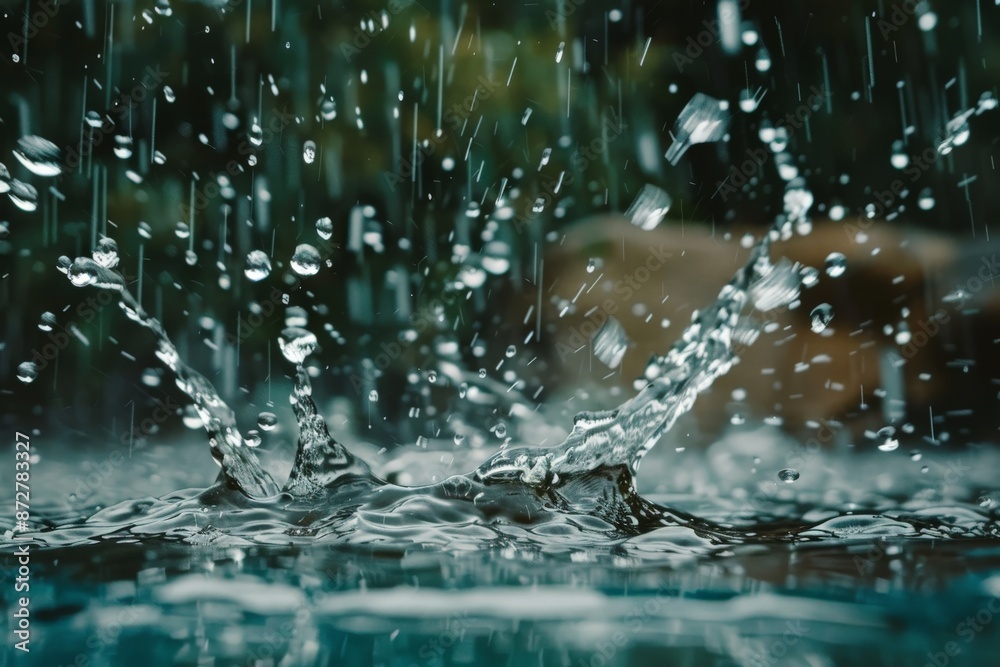 Aufkleber An image of rain drops splashing on the surface forming unique water shapes and patterns, beautifully captured to show nature's creativity and randomness in each splash.