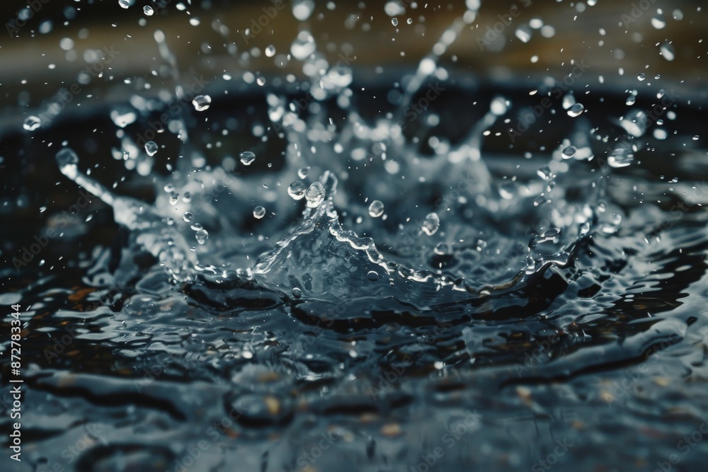Poster A photograph emphasizing the impact and fluid interaction of water droplets as they form a splash, illustrating the dynamic energy and beauty of fluid motion on a surface.