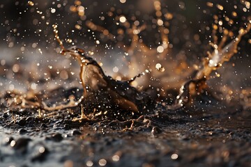 A powerful image capturing the raw and energetic movement of mud water splashing, showcasing the dynamic interaction between liquid and earth in a natural setting.