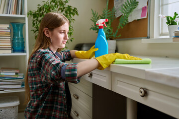 Young woman cleaning room, dusting, cleaning with spray and cloth