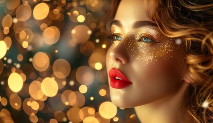 Fototapeta premium Beautiful woman with luxury hair and gold glitter makeup among sparkling lights