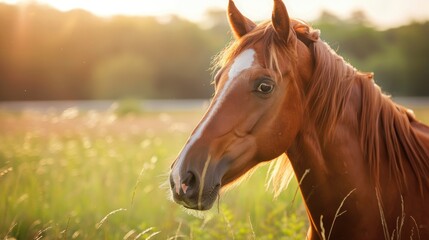 Obraz premium Close up of a pretty young horse in a summer field with room for text