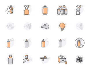 Spray can flat line icons set. Hand with aerosol, airbrush, powder coating, graffiti art, cough effect vector illustrations. Thin signs for disinfection, cleaning. Orange color. Editable Strokes