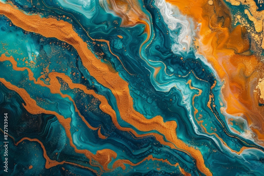 Poster An abstract canvas showcasing bold strokes of orange and teal, beautifully intertwined with intricate patterns creating a visual experience that's both striking and harmonious.