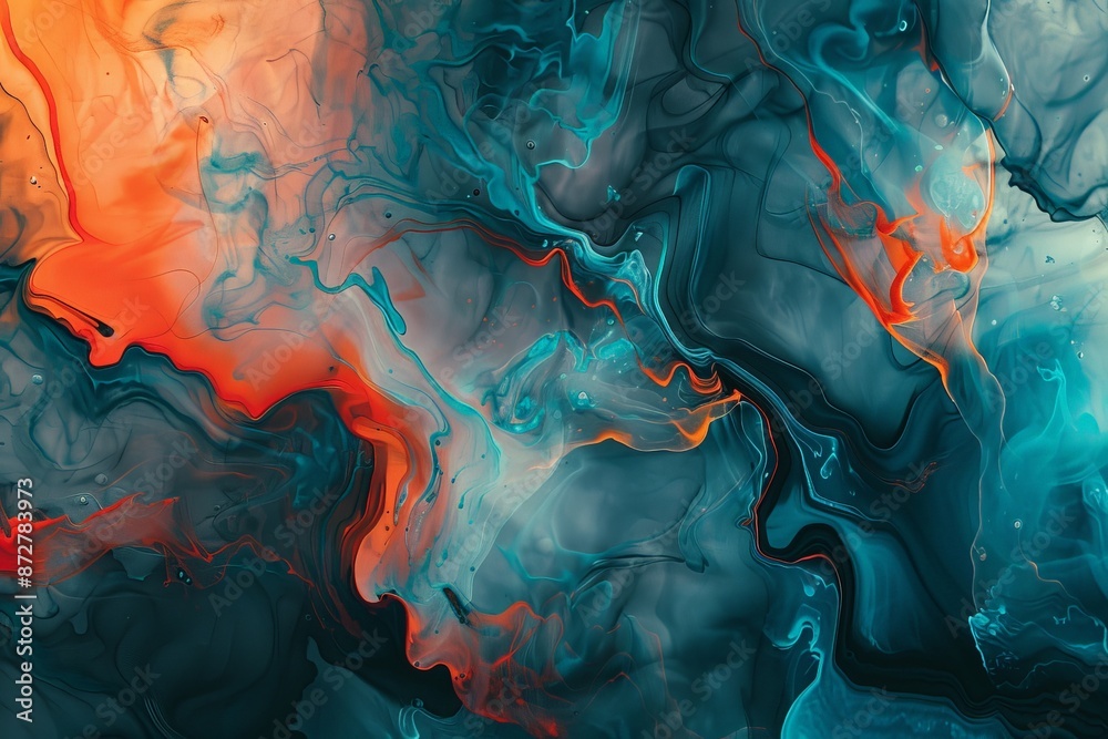 Aufkleber an abstract artwork featuring swirling hues of teal, orange, and blue, creating a dynamic visual exp