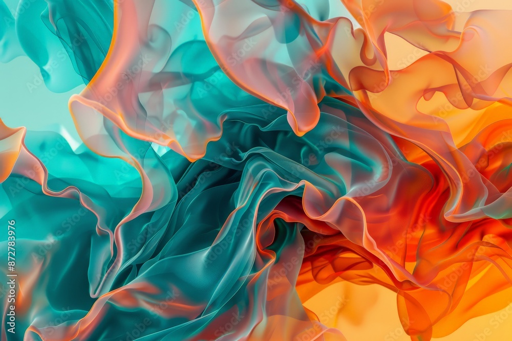 Fototapete A mesmerizing arrangement of soft, flowing shapes in vibrant teal and orange hues blending together in perfect visual harmony, creating an abstract representation of fluidity and grace.