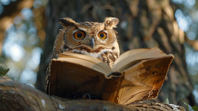 Owl sitting on tree branch reading an old book.