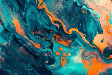 This image displays vibrant teal and orange abstract swirls with bright accents. The combination of colors and textures creates a lively and visually captivating design.