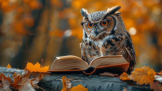 Owl with glasses sitting on tree branch reading an old book.