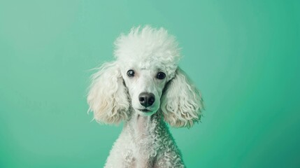 Funny white poodle with distinctive eyes on green background symbolizing pets and pet care Ideal for advertising