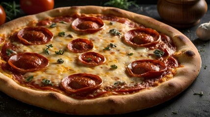 Large pepperoni pizza The face is full of thin pepperoni sheets