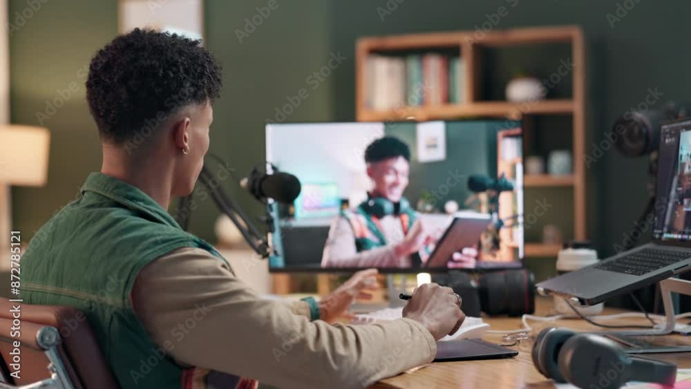 Poster live streaming, man and computer screen in workplace for review, post and update for vlog. influence