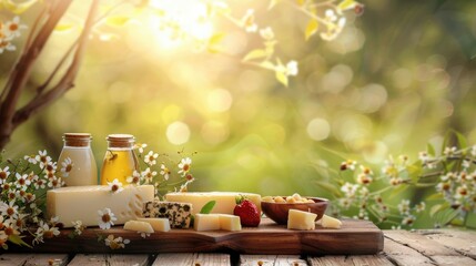 Cheese display in a spring scene with space for label