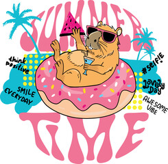 bright summer print with capybara. Typography slogan  for t-shirts.  for greeting card, t shirt printing and embroidery, Graphic tee and printed tee. Girlish print