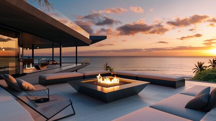 Fototapeta premium A modern terrace lounge with a geometric fire pit, modular seating, and a panoramic view of the sunset over the ocean.