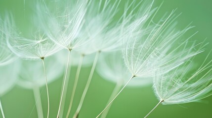 Close up shot of dandelion seeds on green background