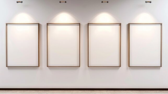 Naklejki Four frames on a classic white wall, arranged symmetrically, each highlighted by a spotlight, creating a timeless and elegant display in