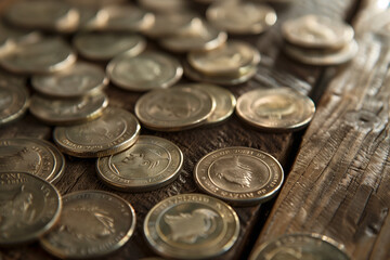 gold and silver coins stacked on the table. could also be crypto like bitcoin or ethereum.