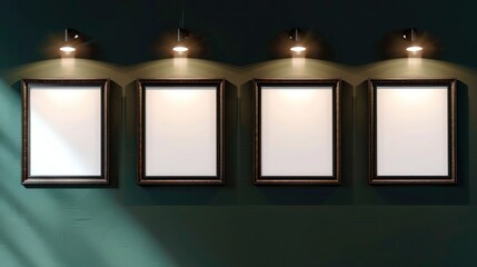 Four frames, asymmetrically placed on a dark green wall, each bathed in its own spotlight, offering an eclectic and modern feel in
