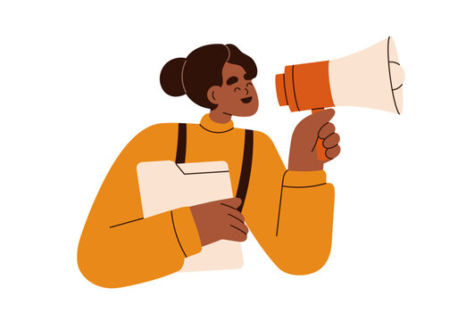 Speaking with megaphone. Happy female speaker holding loudspeaker, bullhorn, mega phone, announcing news. Marketing communication concept. Flat graphic vector illustration isolated on white background