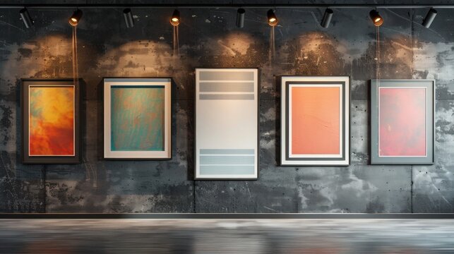 Five mismatched frames on a charcoal grey wall, with spotlights casting a warm glow, creating a modern art display in