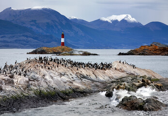 Les Eclaireurs Lighthouse in the Beagle Channel off the coast of Tierra del Fuego in southern Argentina, South America.