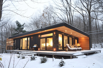 beautiful luxury cabin house in the snow in winter. Architecture concept