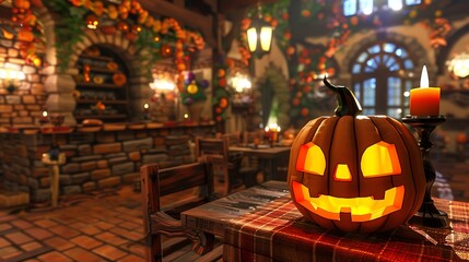 A cheerful Jack O' Lantern with a candle, set in a medieval room with bright, simple decorations and a cozy atmosphere