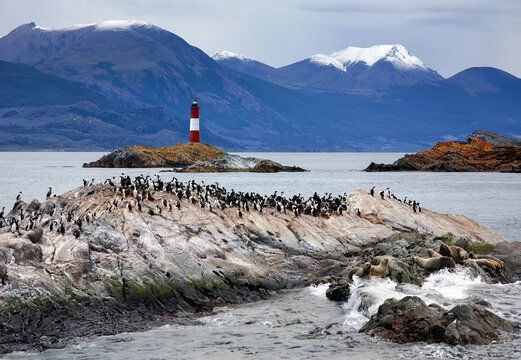Les Eclaireurs Lighthouse in the Beagle Channel off the coast of Tierra del Fuego in southern Argentina, South America.