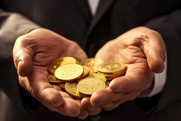 businessman holding bitcoins in his hands