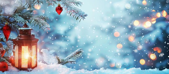 Festive Christmas Background with Lantern, Snow, and Decorations, Perfect for Christmas Cards and Banner Designs in a Wide Format, Creating a Warm and Joyful Holiday Atmosphere