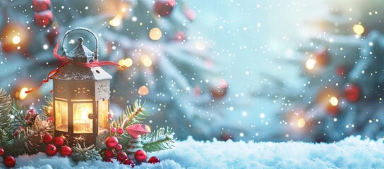 Festive Christmas Background with Lantern, Snow, and Decorations, Perfect for Christmas Cards and Banner Designs in a Wide Format, Creating a Warm and Joyful Holiday Atmosphere