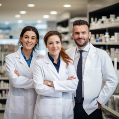 Three Pharmacists Standing United in Service: Together We Stand, Together We Care