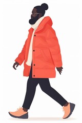  A woman walks down the street in an orange jacket, black pants, and two white scarves