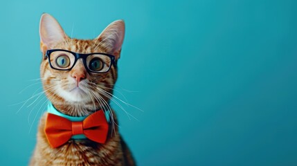 Professional feline in bow tie glasses on blue backdrop gazing at blank area Business education advertisement
