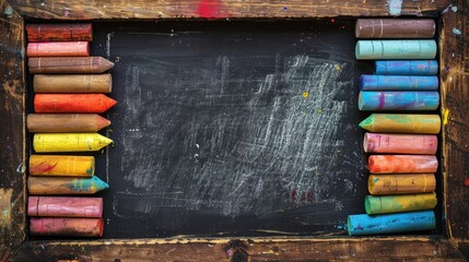 Colorful chalks on empty chalkboard for wallpaper and copy space with billboard wooden frame