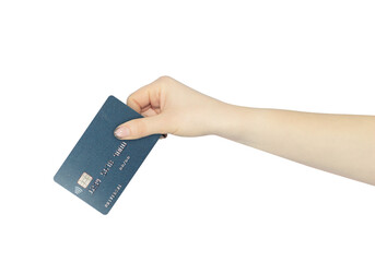 plastic card, credit card with chip in hand, outstretched hand with plastic card isolated from background