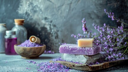 Lavender spa products and wellness set with purple flowers on rustic backdrop